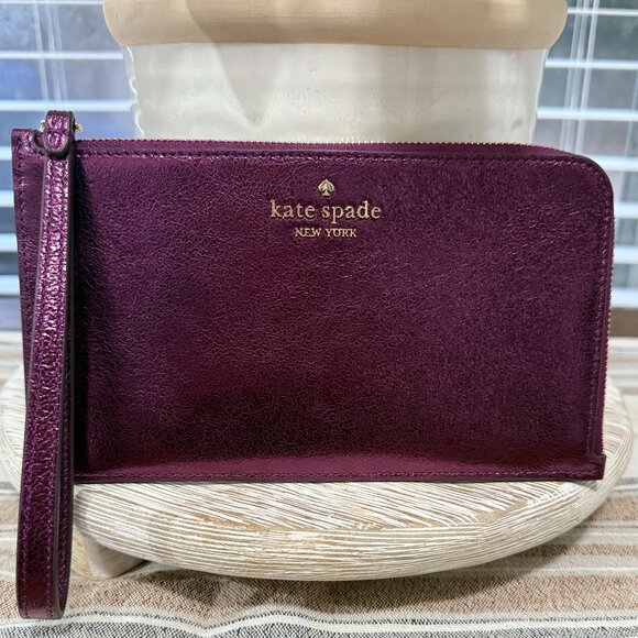 KATE SPADE LUCY MEDIUM METALLIC PLUM PHONE WRISTLET CLUTCH WALLET PURPLE - Picture 1 of 11